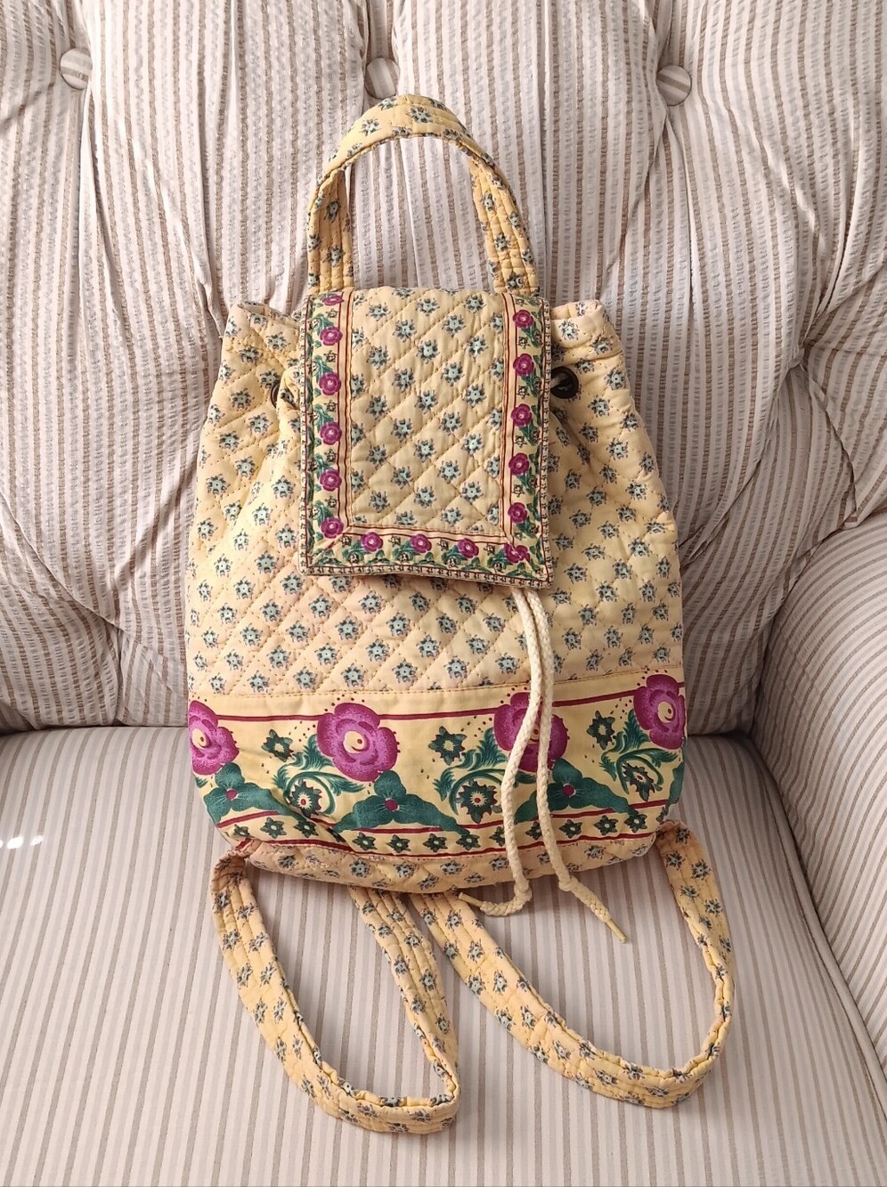 Vintage Yellow Quilted Floral Drawstring Backpack with Pink Accents